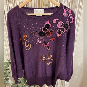 Vintage Lady Priscilla Embellished Floral dolman sleeve slouchy sweater plum